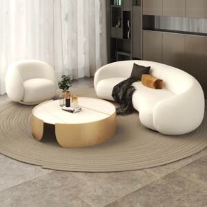 alt="Ensemble moderne PLAYA FLAMINGO - Canapé, Fauteuil et Table avec finitions dorées"