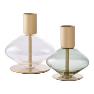 Candle Holder - Gold/Green, Clear, Glass and Metal - Set of 2